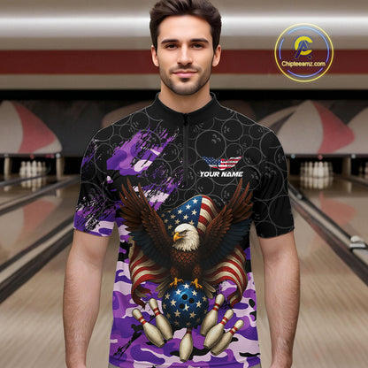 Black and Purple Camo American Flag Eagle Bowling Shirts For Men Custom Patriotic Team Bowling Jersey NQS10645