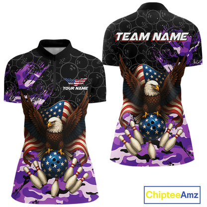 Black & Purple Camo American Flag Eagle Bowling Shirt For Women Custom Patriotic Team Bowling Jersey NQS10645