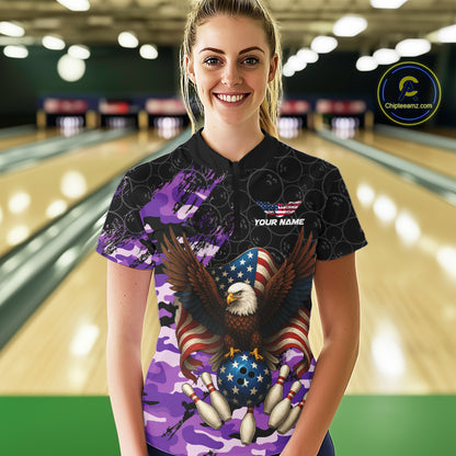 Black & Purple Camo American Flag Eagle Bowling Shirt For Women Custom Patriotic Team Bowling Jersey NQS10645