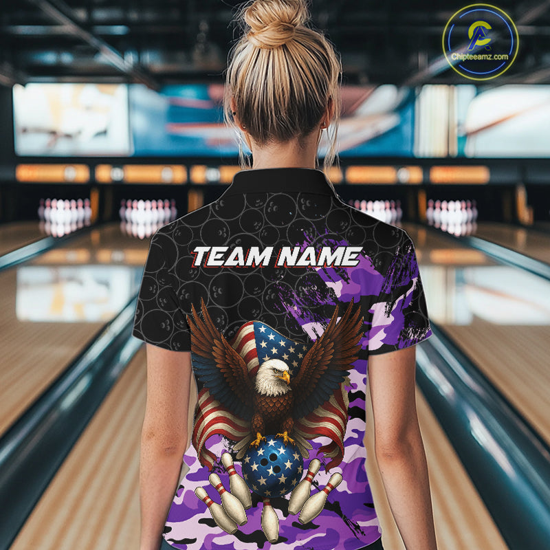 Black & Purple Camo American Flag Eagle Bowling Shirt For Women Custom Patriotic Team Bowling Jersey NQS10645