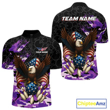 Load image into Gallery viewer, Black and Purple Camo American Flag Eagle Bowling Shirts For Men Custom Patriotic Team Bowling Jersey NQS10645