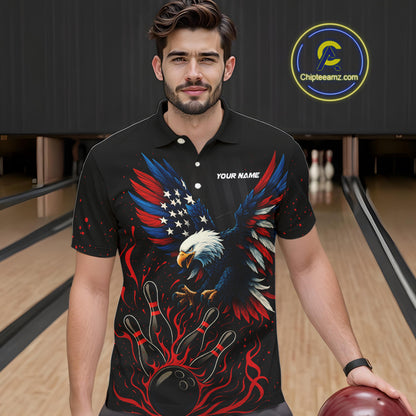 Black and Red Flame American Flag Eagle Bowling Shirts For Men Custom Patriotic Bowling Team Jersey NQS10878