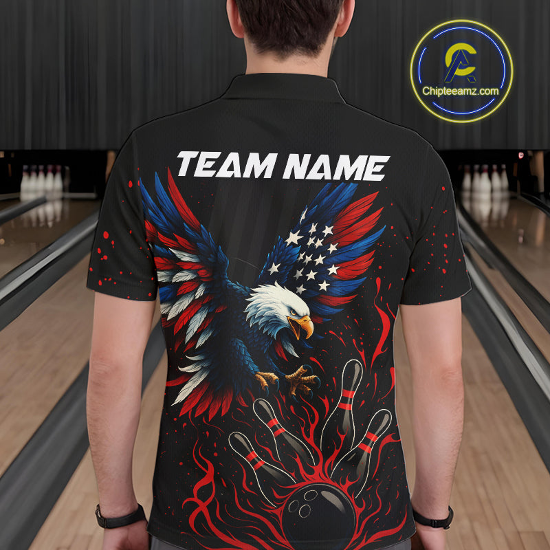 Black and Red Flame American Flag Eagle Bowling Shirts For Men Custom Patriotic Bowling Team Jersey NQS10878