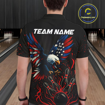 Black and Red Flame American Flag Eagle Bowling Shirts For Men Custom Patriotic Bowling Team Jersey NQS10878