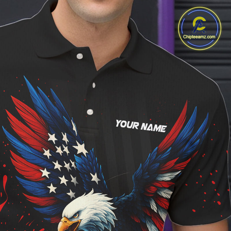 Black and Red Flame American Flag Eagle Bowling Shirts For Men Custom Patriotic Bowling Team Jersey NQS10878
