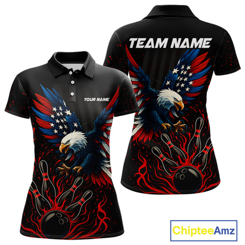 Black and Red Flame American Flag Eagle Bowling Shirts For Women Custom Patriotic Bowling Team Jersey NQS10878