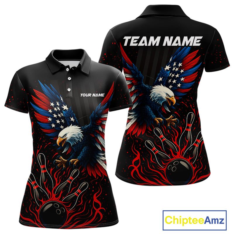 Black and Red Flame American Flag Eagle Bowling Shirts For Women Custom Patriotic Bowling Team Jersey NQS10878