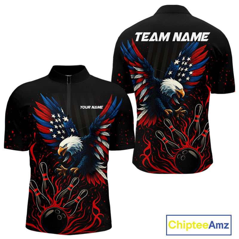 Black and Red Flame American Flag Eagle Bowling Shirts For Men Custom Patriotic Bowling Team Jersey NQS10878