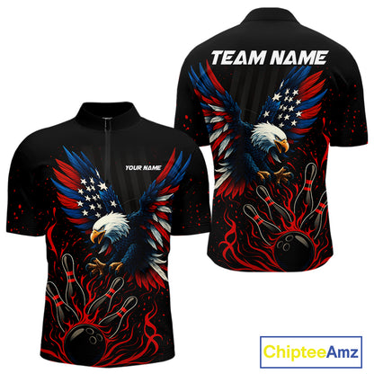 Black and Red Flame American Flag Eagle Bowling Shirts For Men Custom Patriotic Bowling Team Jersey NQS10878