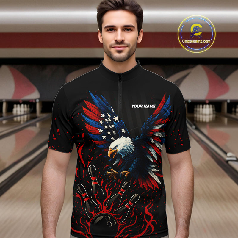 Black and Red Flame American Flag Eagle Bowling Shirts For Men Custom Patriotic Bowling Team Jersey NQS10878