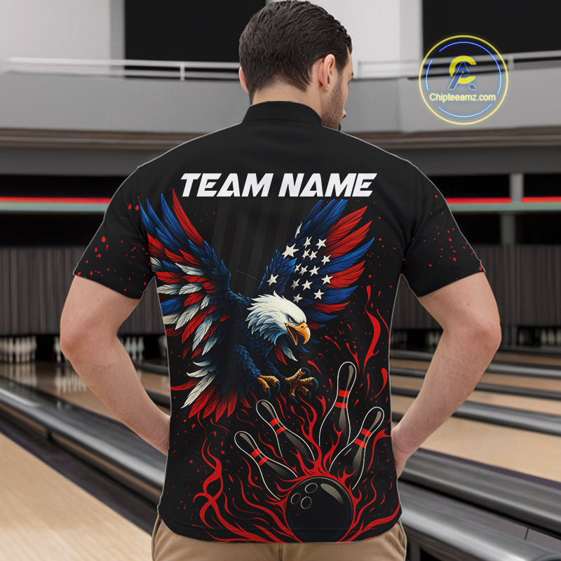 Black and Red Flame American Flag Eagle Bowling Shirts For Men Custom Patriotic Bowling Team Jersey NQS10878