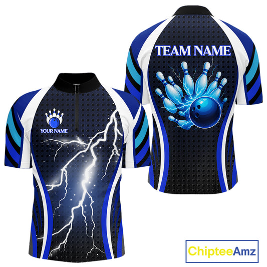 Blue Lightning Thunder Bowling Shirts For Men Custom Bowling Jerseys Men, Best Bowling Shirts NQS10879