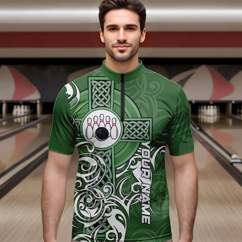 Green Irish Tribal Cross St Patrick's Day Mens bowling shirts Custom Lucky Bowling Team Jerseys NQS9382