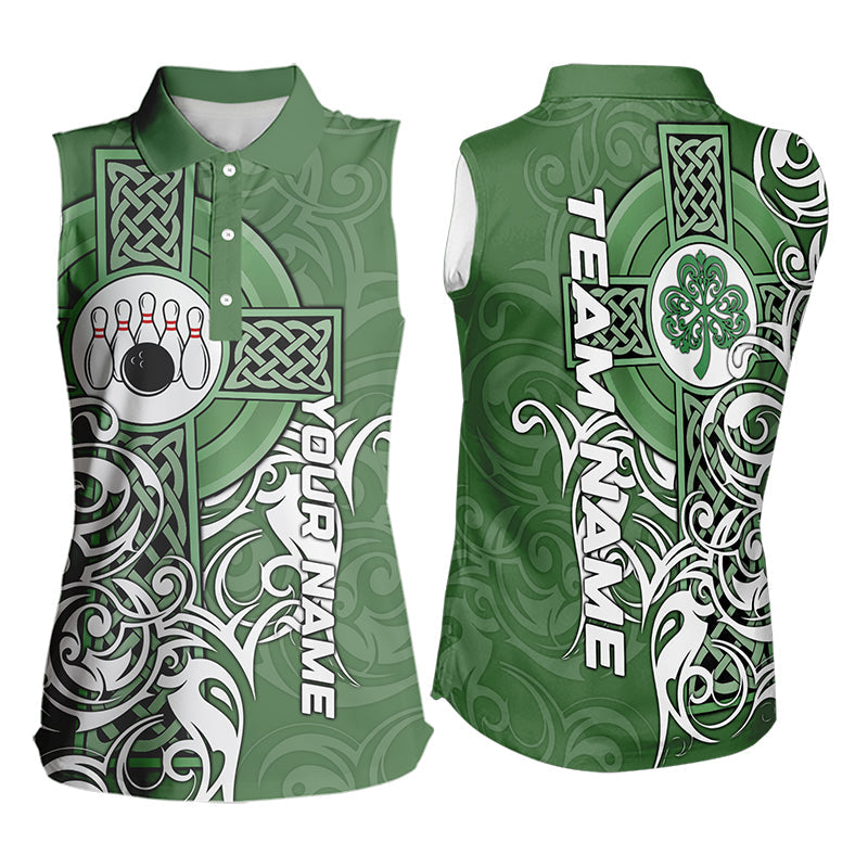 Green Irish Tribal Cross St Patrick's Day Women sleeveless polo shirt Custom Lucky Bowling Team Jersey NQS9382