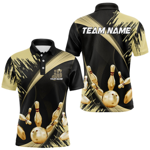 Personalized Black and Gold Bowling Polo, Quarter Zip Shirts For Mens Custom Bowling Team Jersey NQS9531