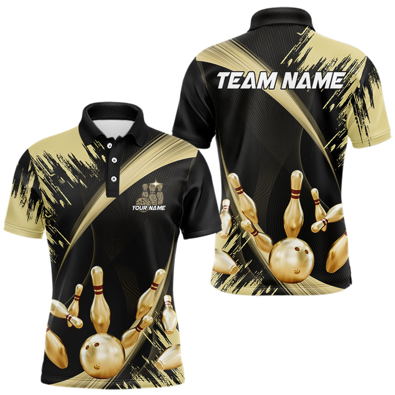 Personalized Black and Gold Bowling Polo, Quarter Zip Shirts For Mens Custom Bowling Team Jersey NQS9531