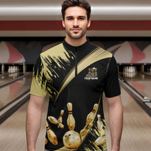 Load image into Gallery viewer, Personalized Black and Gold Bowling Polo, Quarter Zip Shirts For Mens Custom Bowling Team Jersey NQS9531