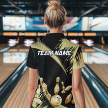 Load image into Gallery viewer, Personalized Black and Gold Bowling Polo, Quarter Zip Shirts For Women Custom Bowling Team Jersey NQS9531