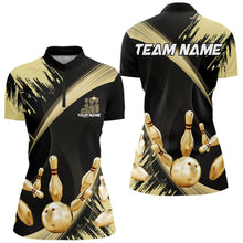 Load image into Gallery viewer, Personalized Black and Gold Bowling Polo, Quarter Zip Shirts For Women Custom Bowling Team Jersey NQS9531