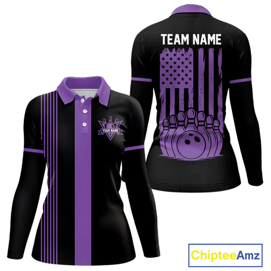 Custom Black and Purple American Flag Retro Bowling Team Shirts For Women, Patriotic Bowling Outfits NQS11650