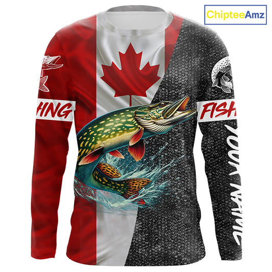 Canadian Flag Northern pike Fishing Custom long sleeve performance Fishing Shirt, pike Fishing jerseys NQS4927