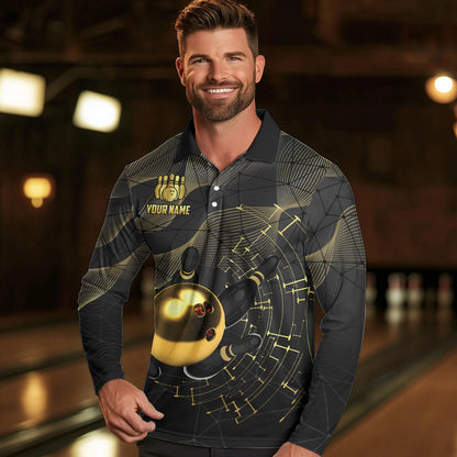 Personalized Black and Gold Bowling Polo, Quarter Zip Shirts For Men Custom Bowling Team League Jersey NQS9688