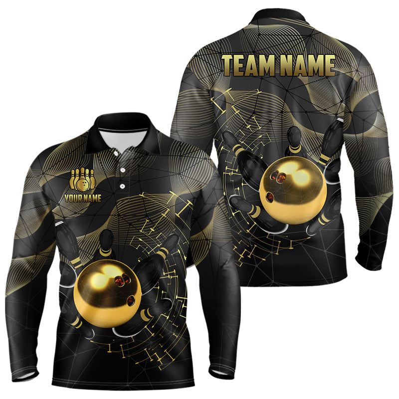 Personalized Black and Gold Bowling Polo, Quarter Zip Shirts For Men Custom Bowling Team League Jersey NQS9688