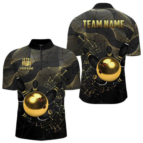 Personalized Black and Gold Bowling Polo, Quarter Zip Shirts For Men Custom Bowling Team League Jersey NQS9688