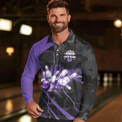 Black Camo Purple Lightning Thunder Bowling Shirts For Men Custom Bowling Team League Jerseys NQS9689