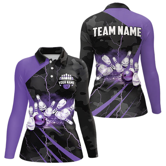 Black Camo Purple Lightning Thunder Bowling Shirts For Women Custom Bowling Team League Jerseys NQS9689