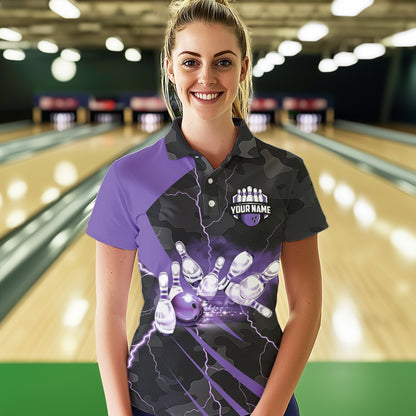 Black Camo Purple Lightning Thunder Bowling Shirts For Women Custom Bowling Team League Jerseys NQS9689