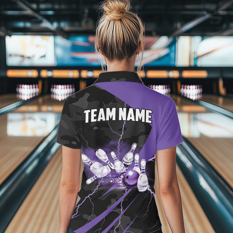 Black Camo Purple Lightning Thunder Bowling Shirts For Women Custom Bowling Team League Jerseys NQS9689