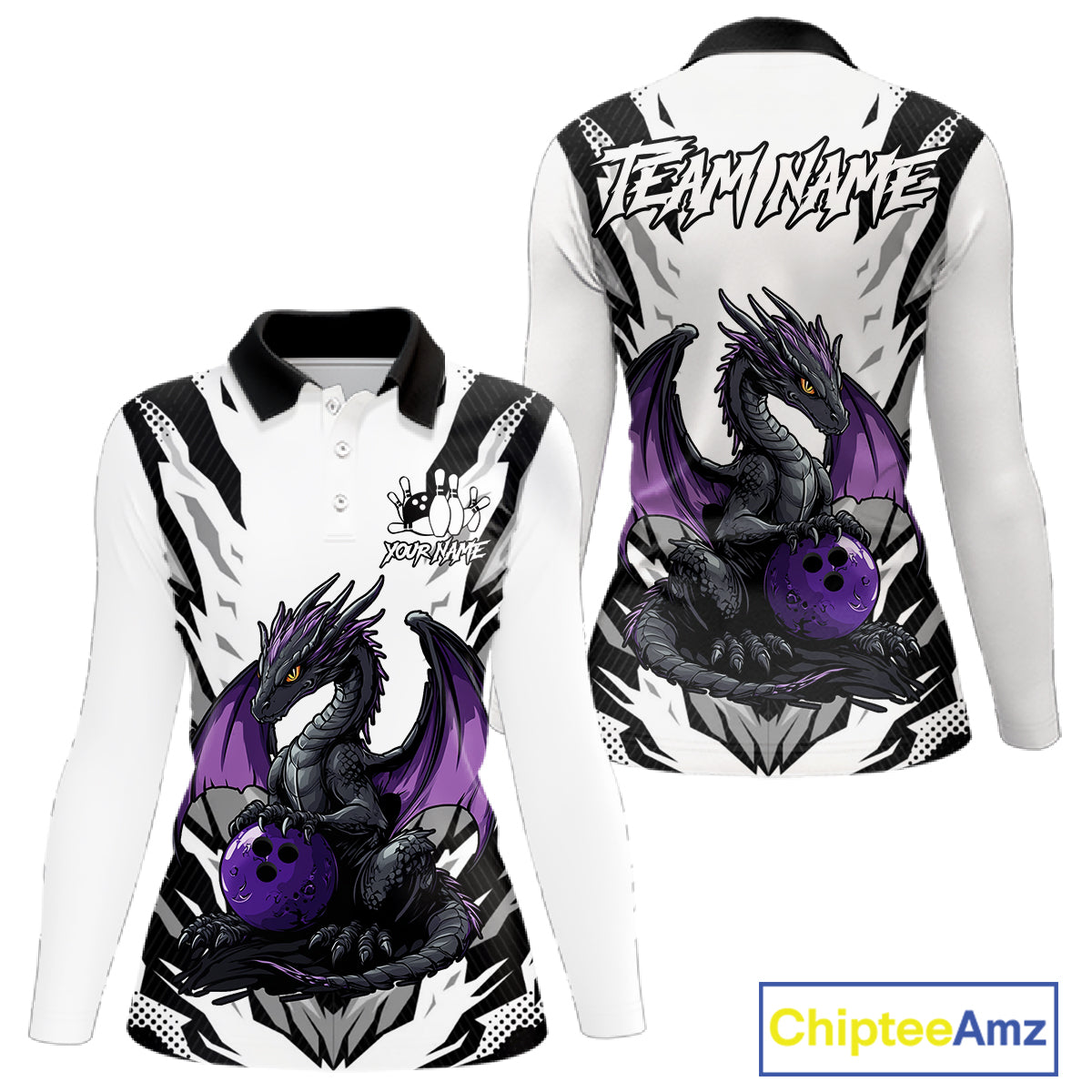 Black and White Bowling Polo, Quarter Zip Shirts For Women Custom Purple Dragon Bowling Team Jerseys NQS11740