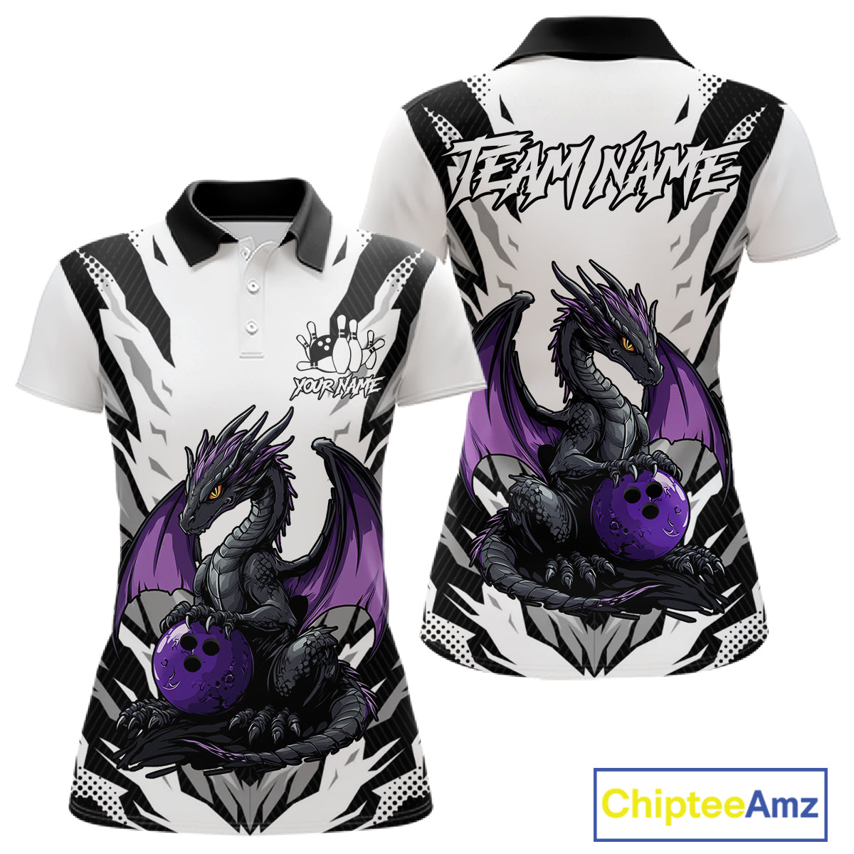 Black and White Bowling Polo, Quarter Zip Shirts For Women Custom Purple Dragon Bowling Team Jerseys NQS11740