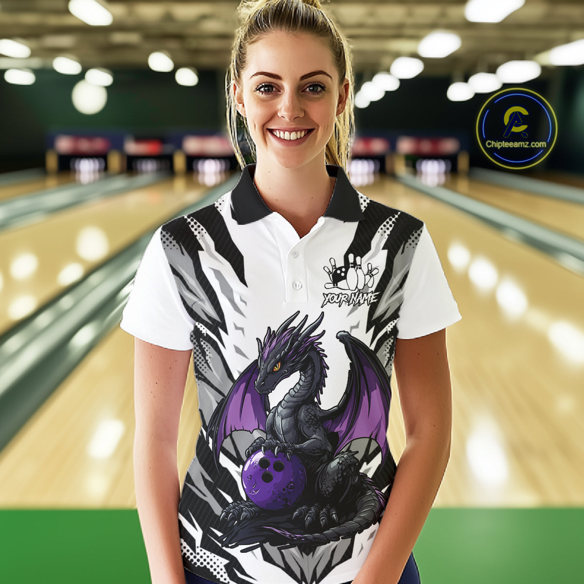 Black and White Bowling Polo, Quarter Zip Shirts For Women Custom Purple Dragon Bowling Team Jerseys NQS11740