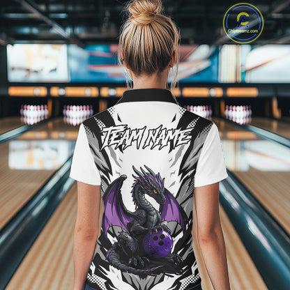 Black and White Bowling Polo, Quarter Zip Shirts For Women Custom Purple Dragon Bowling Team Jerseys NQS11740