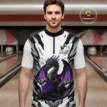 Load image into Gallery viewer, Black and White Bowling Polo, Quarter Zip Shirts For Men Custom Purple Dragon Bowling Team Jerseys NQS11740