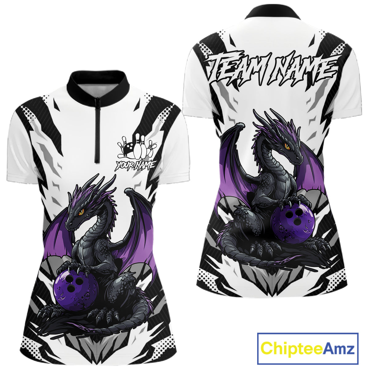 Black and White Bowling Polo, Quarter Zip Shirts For Women Custom Purple Dragon Bowling Team Jerseys NQS11740
