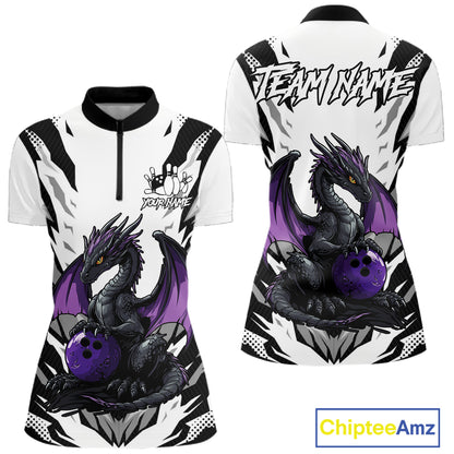 Black and White Bowling Polo, Quarter Zip Shirts For Women Custom Purple Dragon Bowling Team Jerseys NQS11740