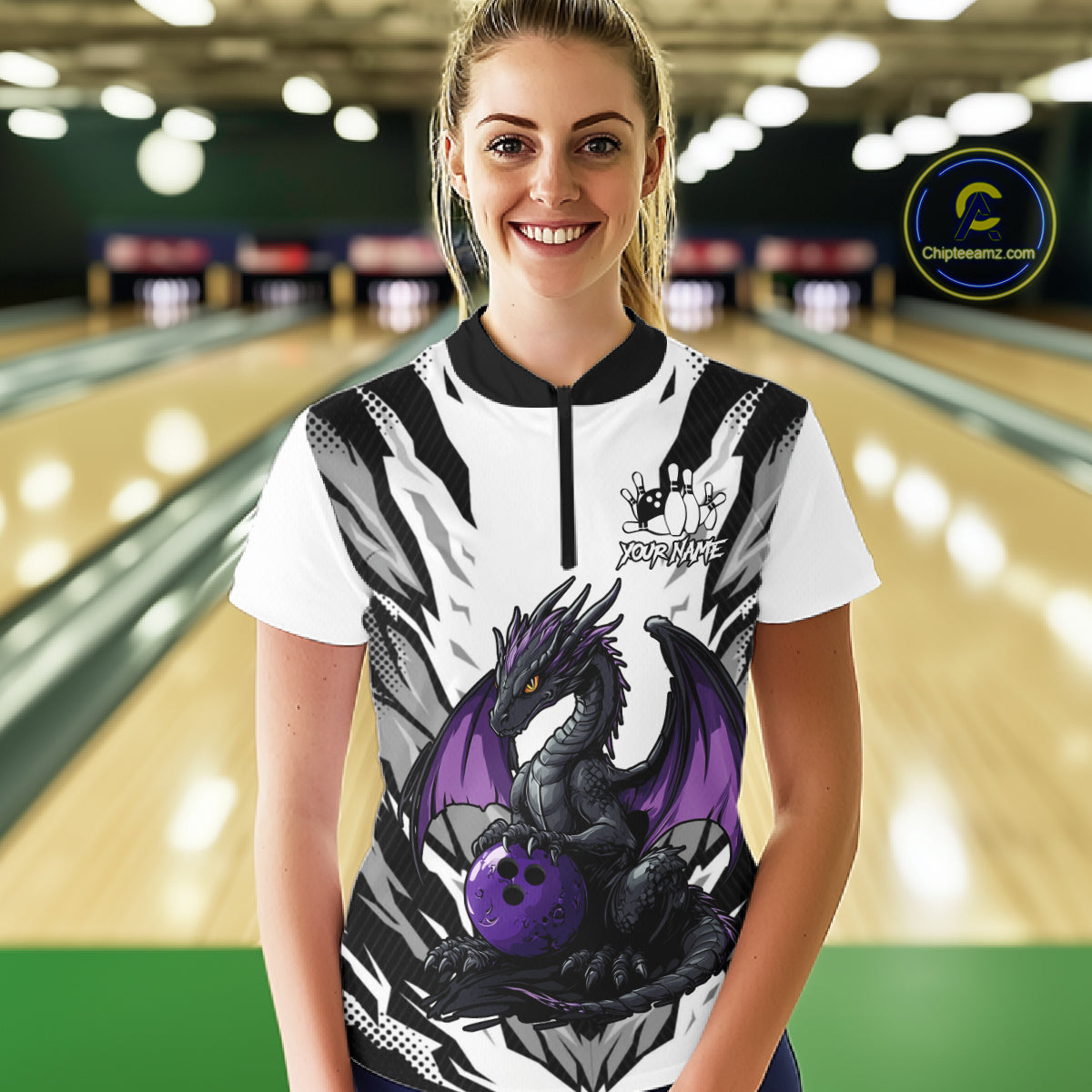 Black and White Bowling Polo, Quarter Zip Shirts For Women Custom Purple Dragon Bowling Team Jerseys NQS11740