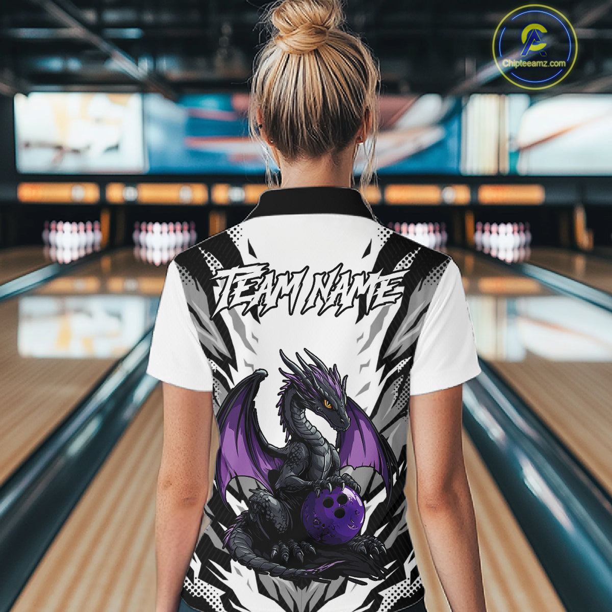 Black and White Bowling Polo, Quarter Zip Shirts For Women Custom Purple Dragon Bowling Team Jerseys NQS11740