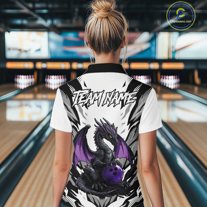 Black and White Bowling Polo, Quarter Zip Shirts For Women Custom Purple Dragon Bowling Team Jerseys NQS11740