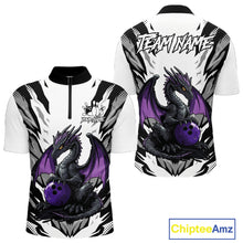 Load image into Gallery viewer, Black and White Bowling Polo, Quarter Zip Shirts For Men Custom Purple Dragon Bowling Team Jerseys NQS11740