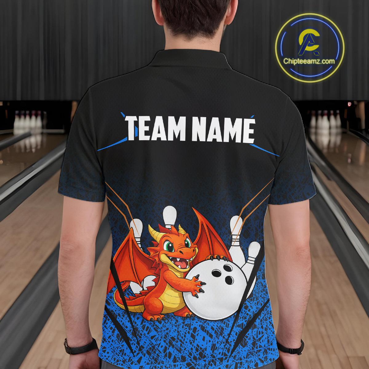 Black and Blue Camo Funny Dragon Bowling Polo, 1/4 Zip Shirts For Men Custom Bowling Team Jerseys NQS11741