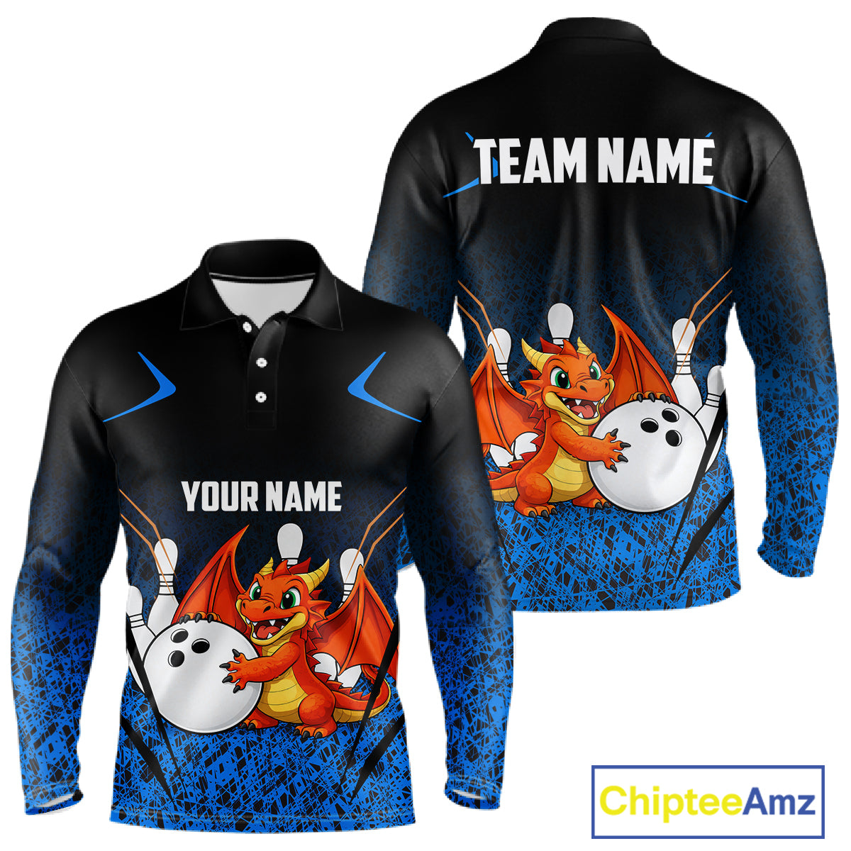Black and Blue Camo Funny Dragon Bowling Polo, 1/4 Zip Shirts For Men Custom Bowling Team Jerseys NQS11741