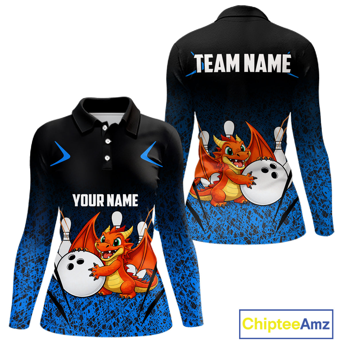Black and Blue Camo Funny Dragon Bowling Polo, 1/4 Zip Shirts For Women Custom Bowling Team Jerseys NQS11741