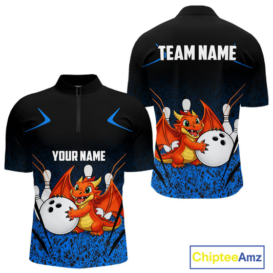 Black and Blue Camo Funny Dragon Bowling Polo, 1/4 Zip Shirts For Men Custom Bowling Team Jerseys NQS11741