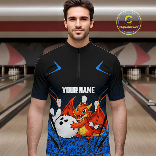 Black and Blue Camo Funny Dragon Bowling Polo, 1/4 Zip Shirts For Men Custom Bowling Team Jerseys NQS11741
