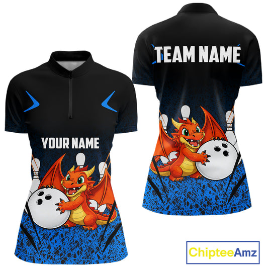 Black and Blue Camo Funny Dragon Bowling Polo, 1/4 Zip Shirts For Women Custom Bowling Team Jerseys NQS11741