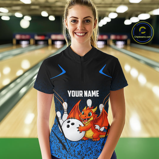 Black and Blue Camo Funny Dragon Bowling Polo, 1/4 Zip Shirts For Women Custom Bowling Team Jerseys NQS11741